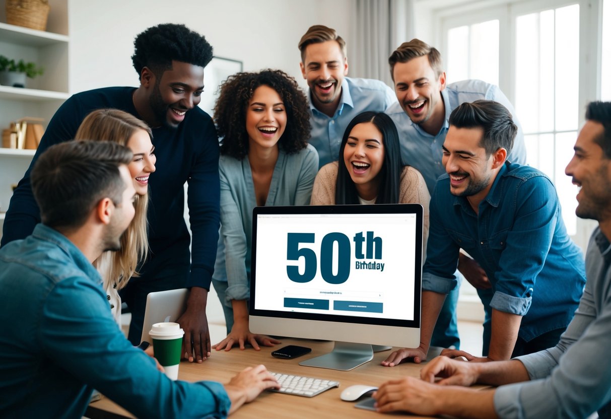 En gruppe venner samles omkring en computer og browser findgaven ai for den perfekte gave til en 50 års fødselsdag Latter og spænding fylder rummet mens de ruller gennem de kuraterede muligheder